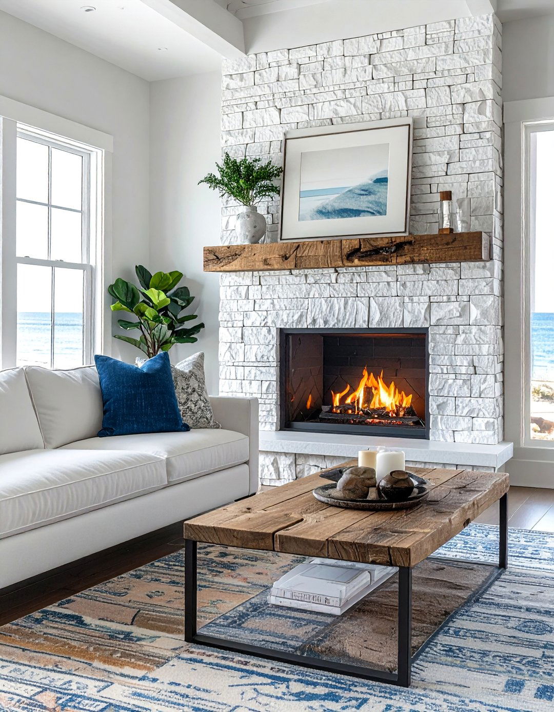White Quartz Stacked Stone Fireplace with a Reclaimed Wood Mantel - 25 Stunning Stacked Stone Fireplace Design Ideas