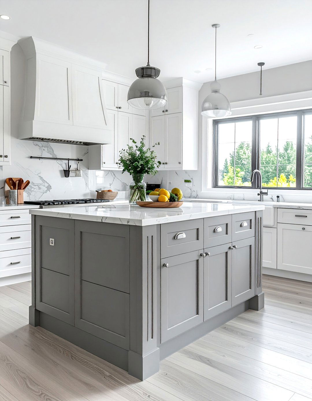 White Shaker Cabinets With a Light Grey Island - 15 White Kitchen Cabinets With Grey Island Ideas
