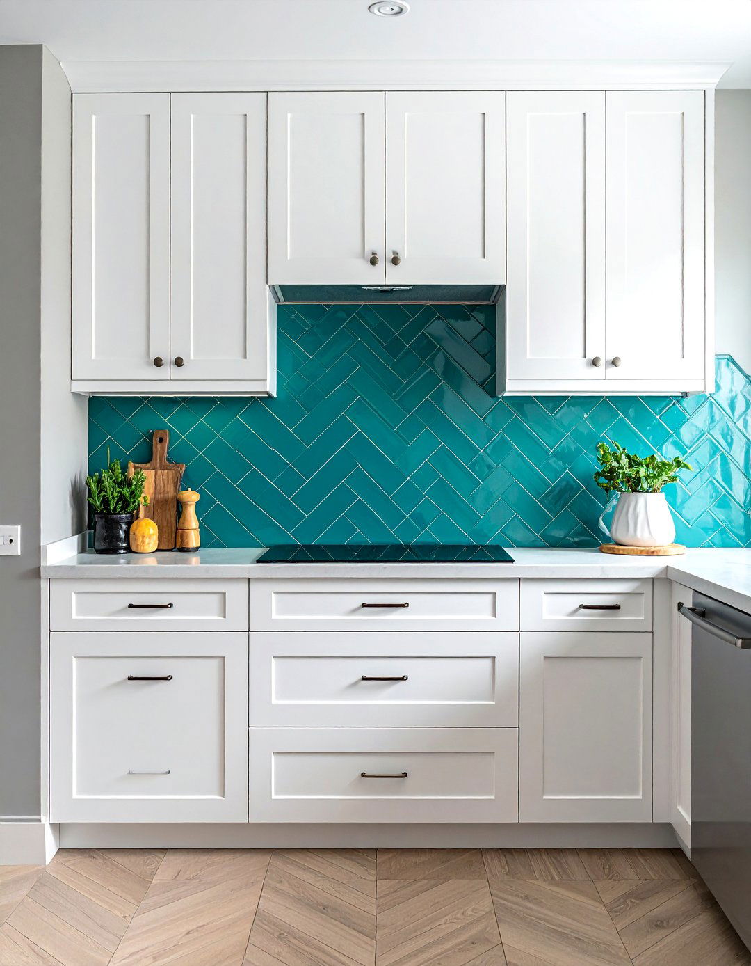White Shaker Cabinets with a Teal Subway Tile Backsplash - 20 Teal and White Kitchen Design Ideas for a Fresh Look