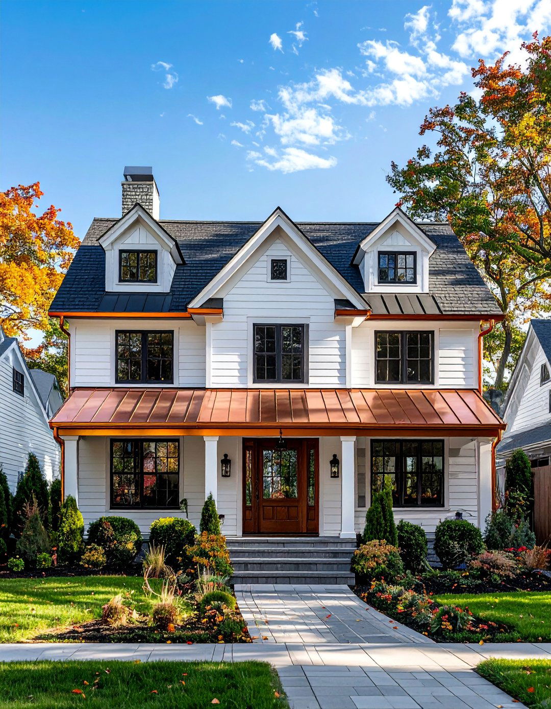 White Siding House with Copper Accents - 20 White Siding House Designs for a Clean and Timeless Exterior
