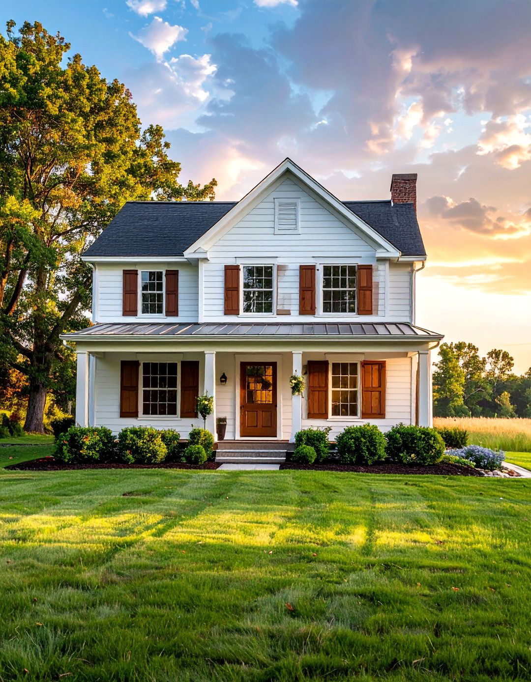 White Siding House with Natural Wood Shutters - 20 White Siding House Designs for a Clean and Timeless Exterior