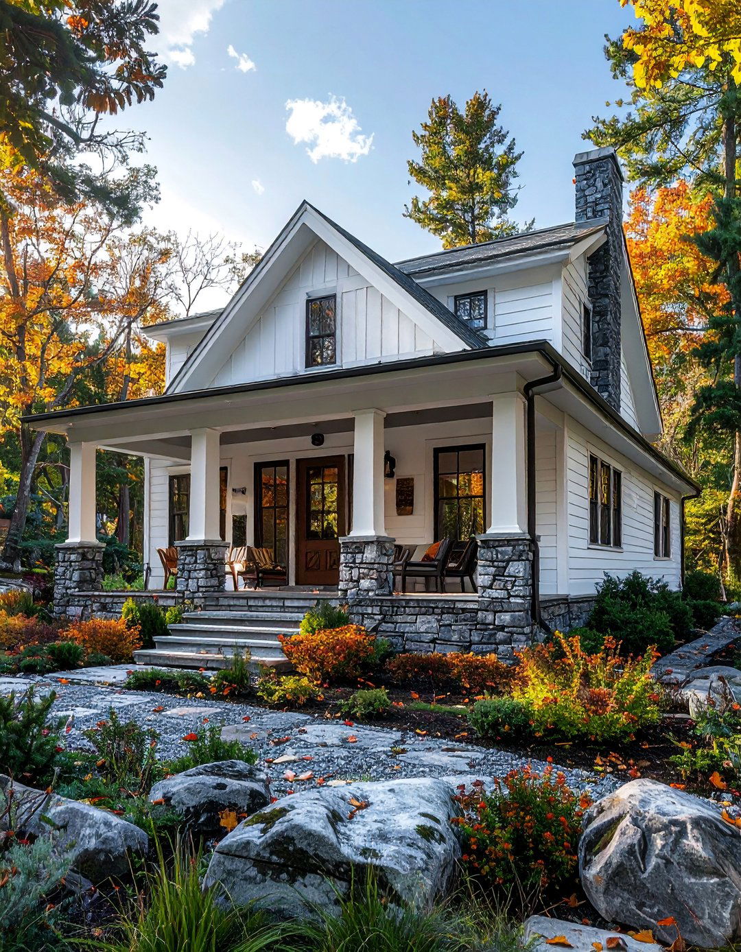 White Siding House with Stone Veneer - 20 White Siding House Designs for a Clean and Timeless Exterior