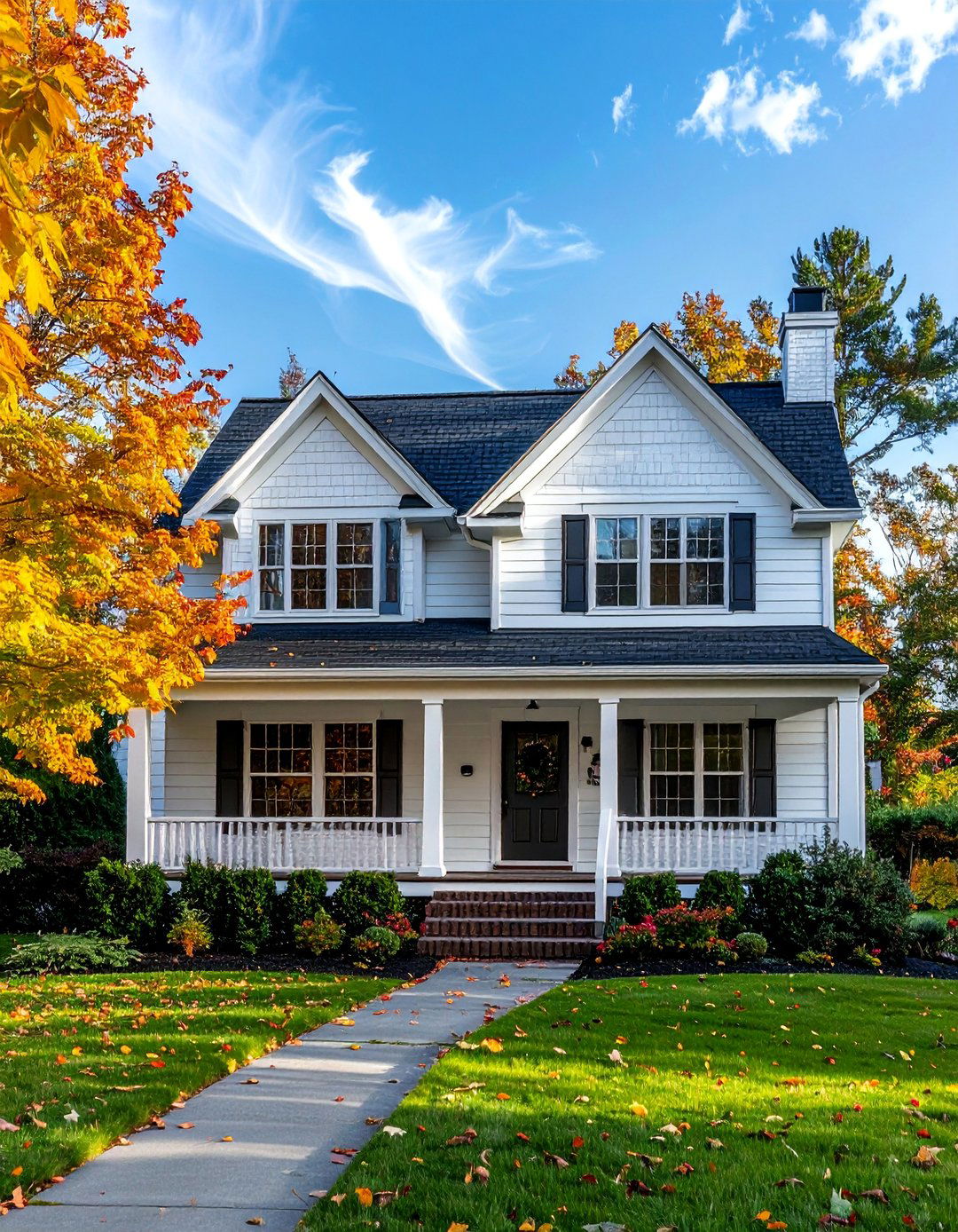 White Siding House with a Dark Gray Roof - 20 White Siding House Designs for a Clean and Timeless Exterior