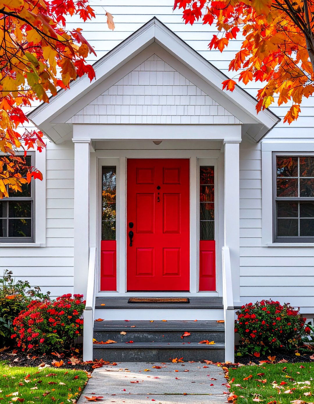 White Siding House with a Red Front Door - 20 White Siding House Designs for a Clean and Timeless Exterior