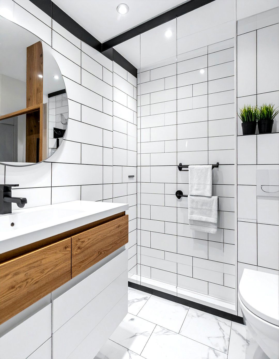 White Subway Tile with Black Grout Bathroom Idea - 20 Black and White Bathroom Tile Ideas for a Sleek Look