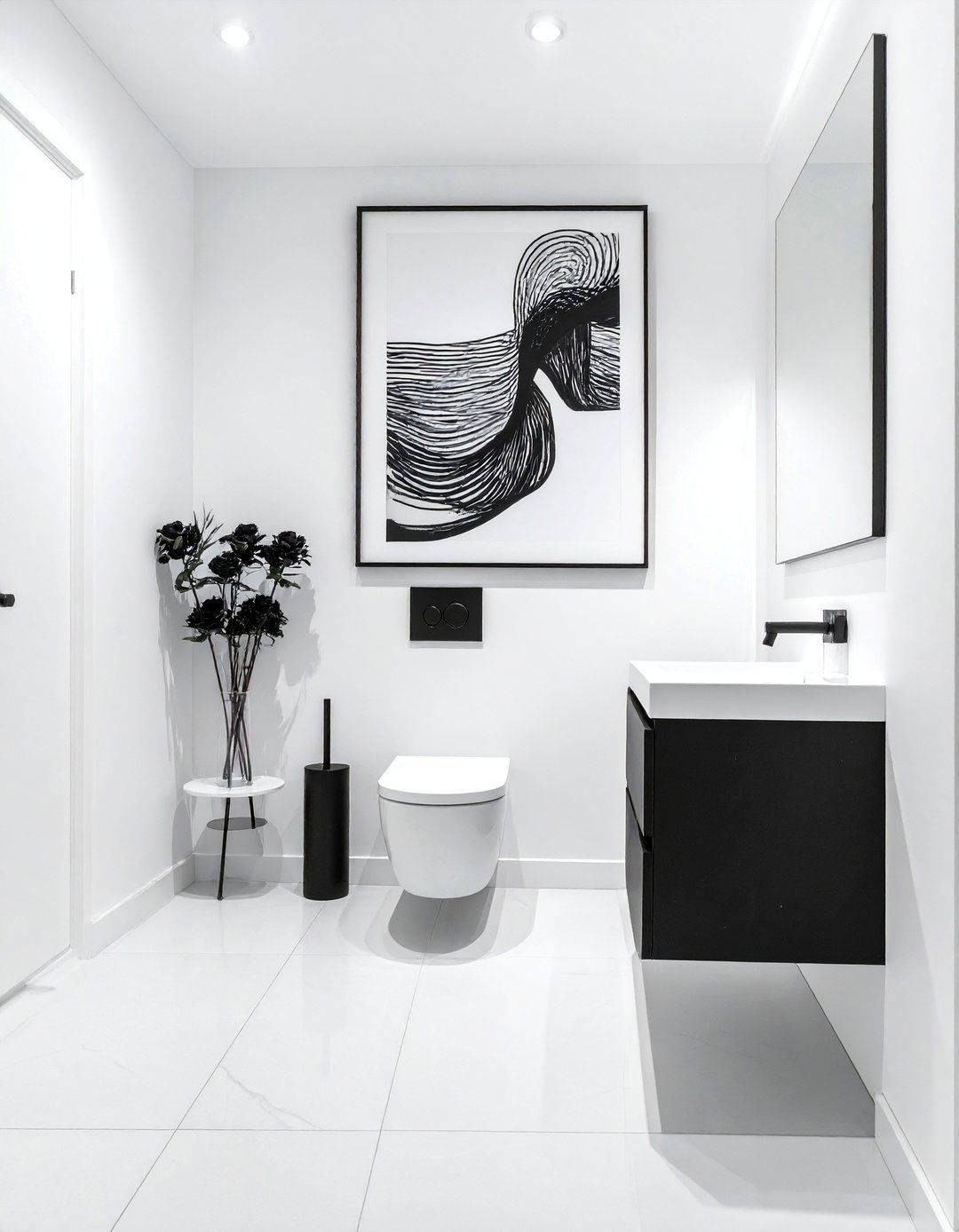 White Walls with Abstract Black Line Art - 20 Black and White Powder Room Ideas for Modern Homes