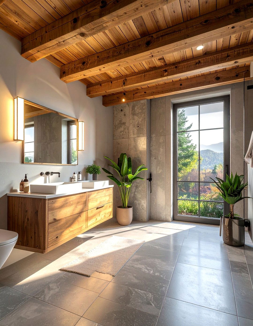 Wood Beam Ceiling Features - 30 Open Concept Bathroom Ideas for Modern Homes