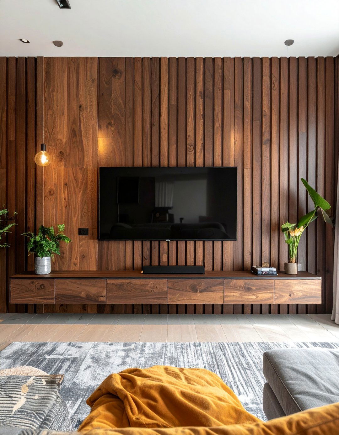 Wood Slat Accent Wall Behind a TV - 40 Wood Slat Accent Wall Ideas for Your Home