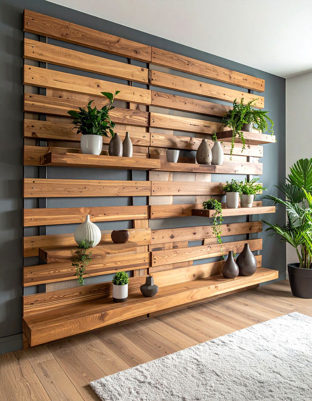 Wood Slat Accent Wall with Floating Shelves - 40 Wood Slat Accent Wall Ideas for Your Home