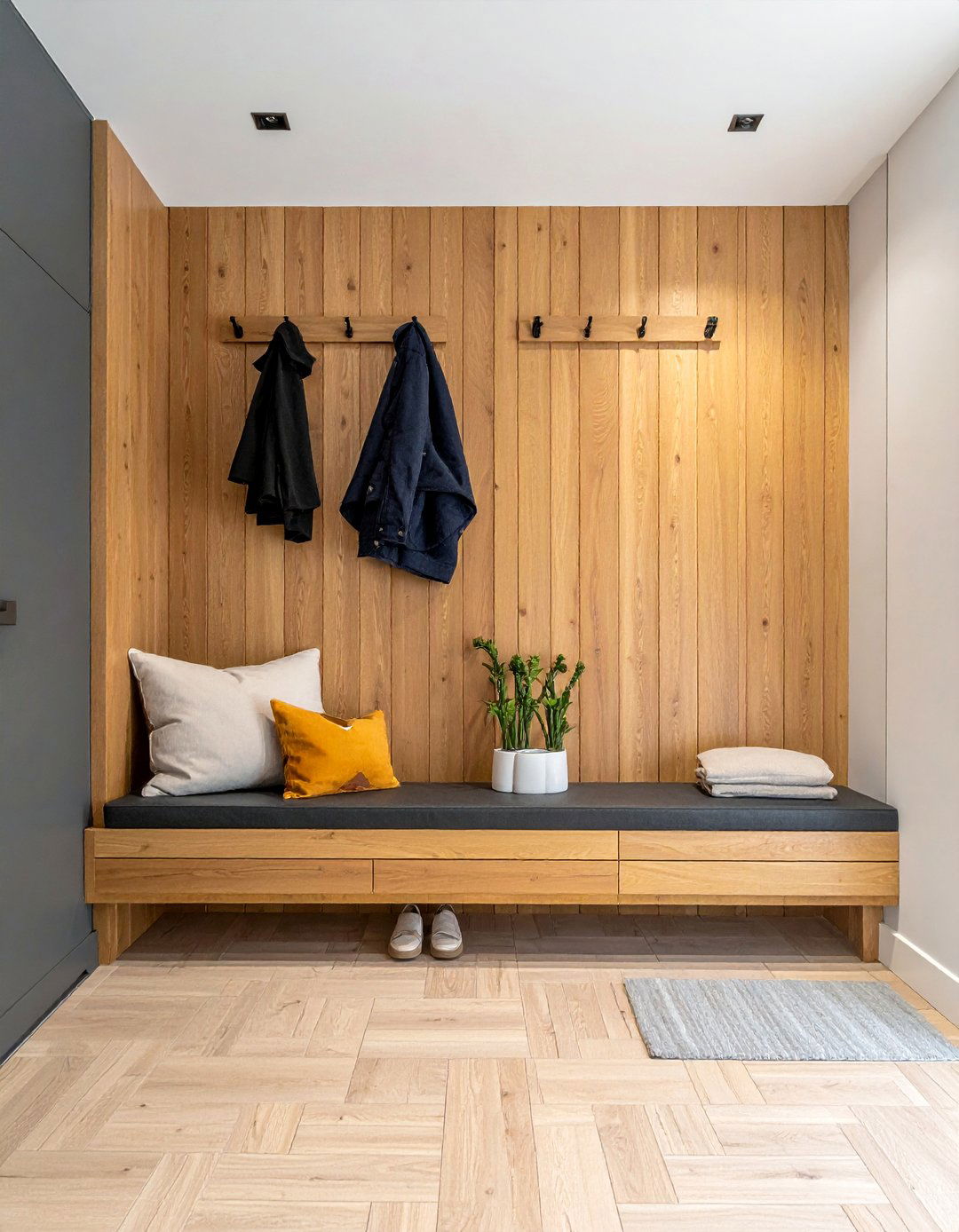 Wood Slat Accent Wall with an Integrated Bench - 40 Wood Slat Accent Wall Ideas for Your Home