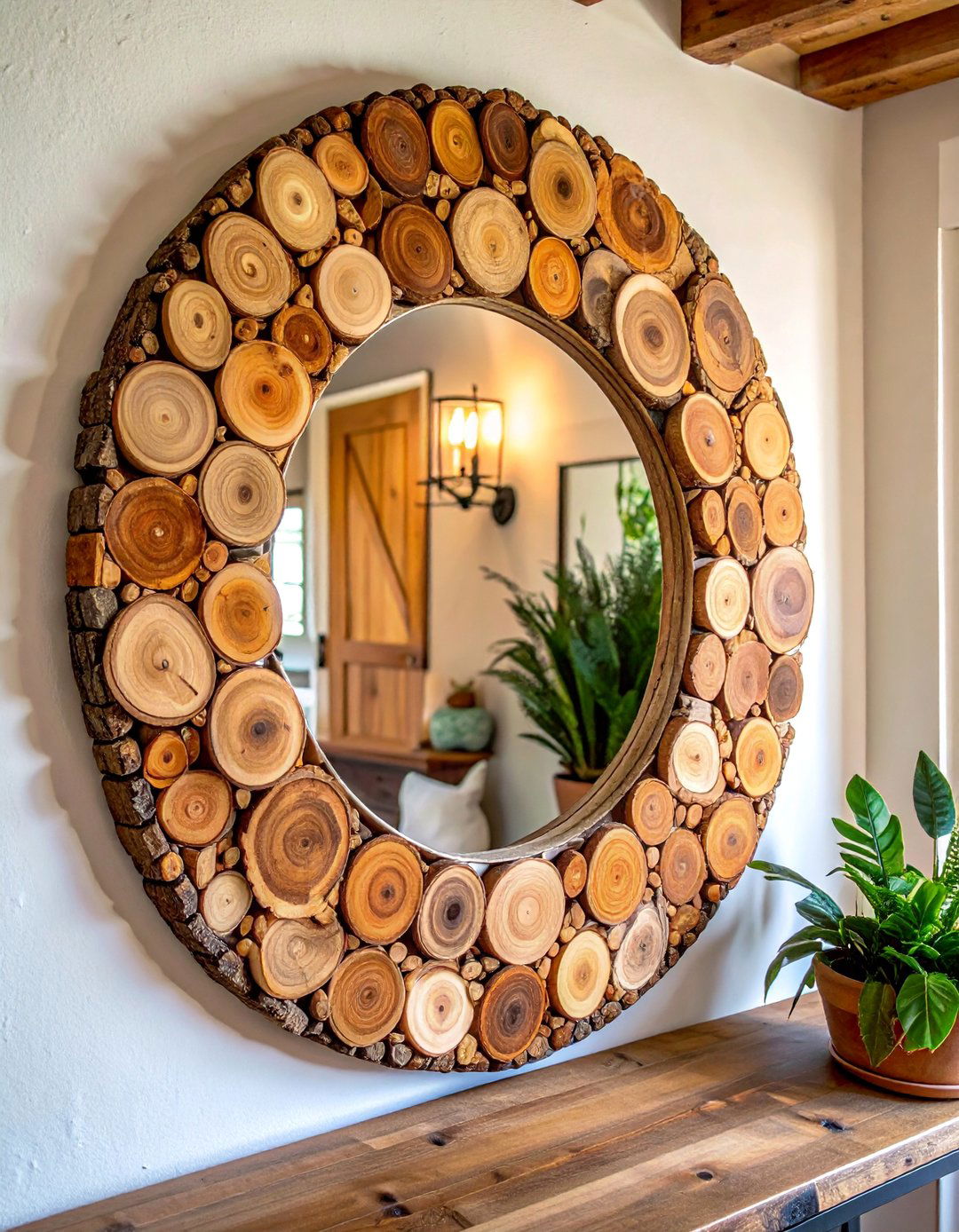 Wood Slice Mosaic Mirror - 20 Mosaic Mirror Ideas for Unique Home Decor