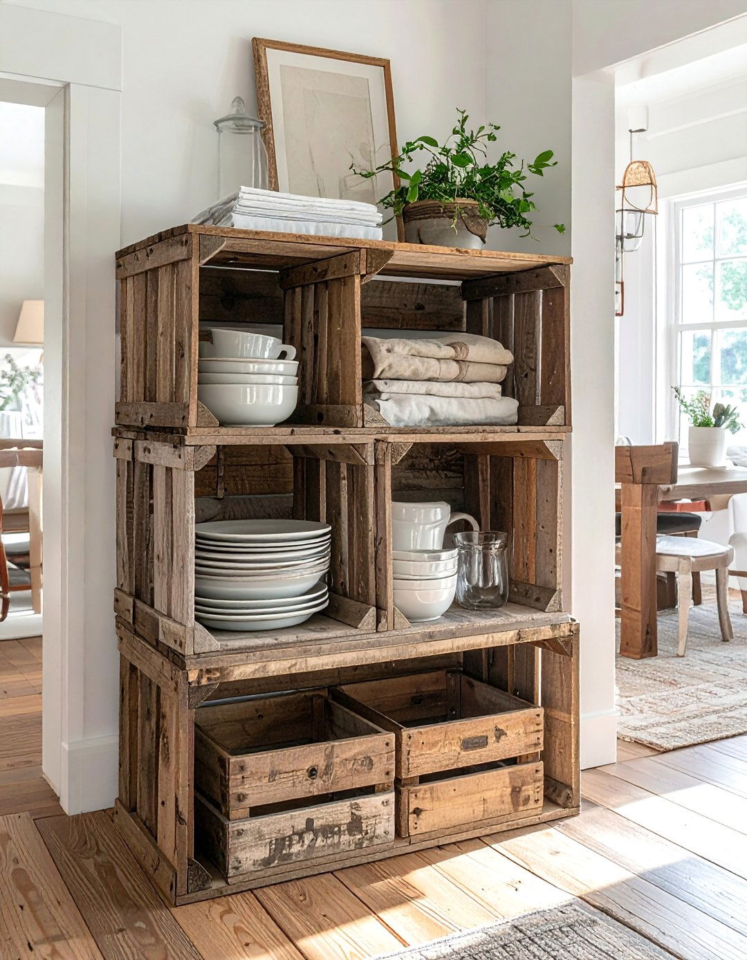 Wooden Crate Storage Display - 30 Cottagecore Dining Room Ideas for a Cozy and Charming Space