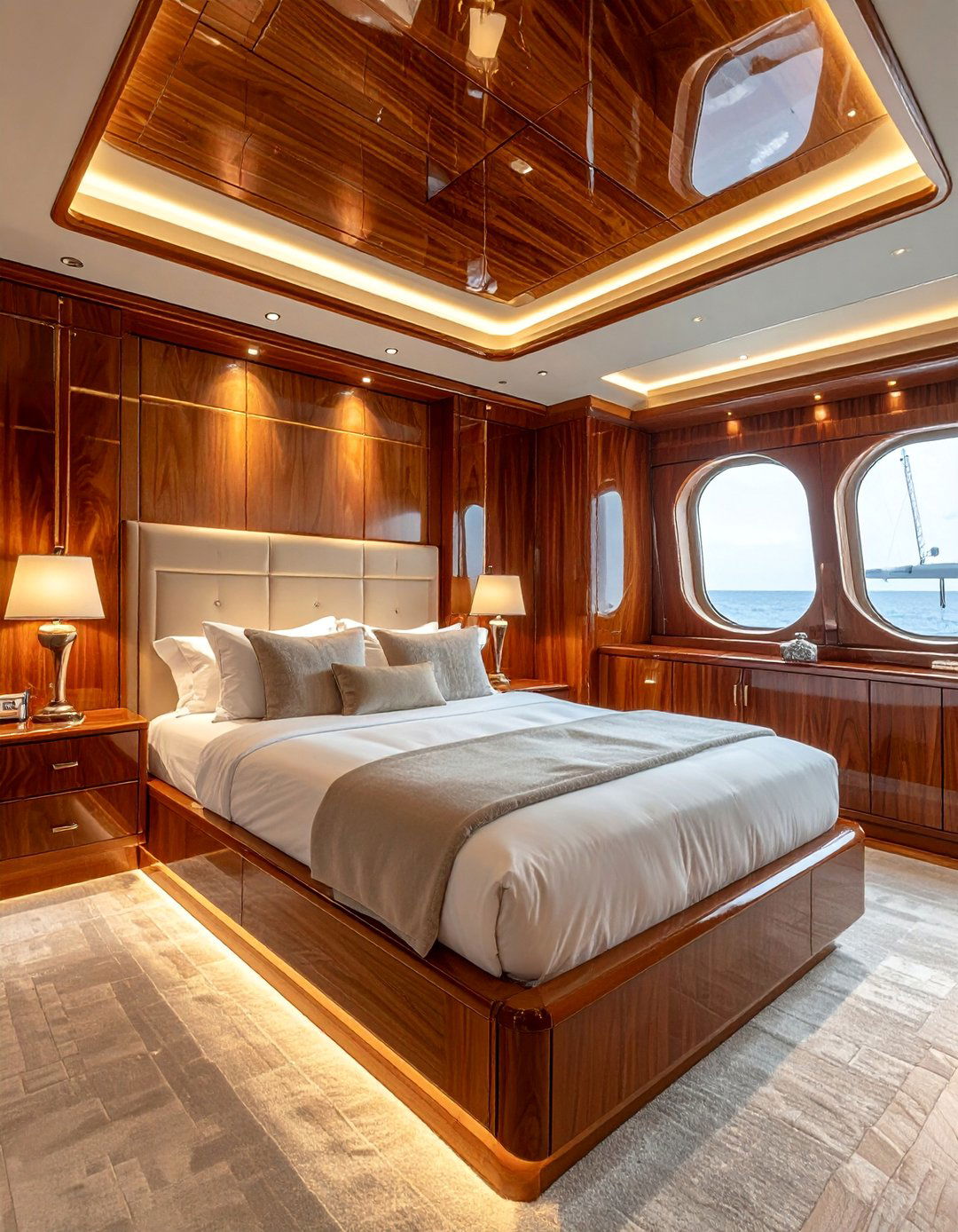 Yacht Bedroom with High Gloss Wood Finishes - 20 Yacht Bedroom Ideas for a Nautical-Inspired Retreat