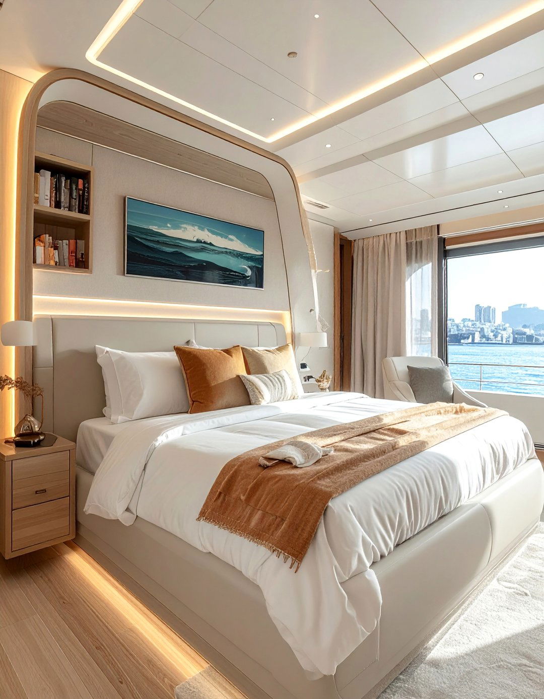 Yacht Bedroom with Integrated Headboard Storage - 20 Yacht Bedroom Ideas for a Nautical-Inspired Retreat