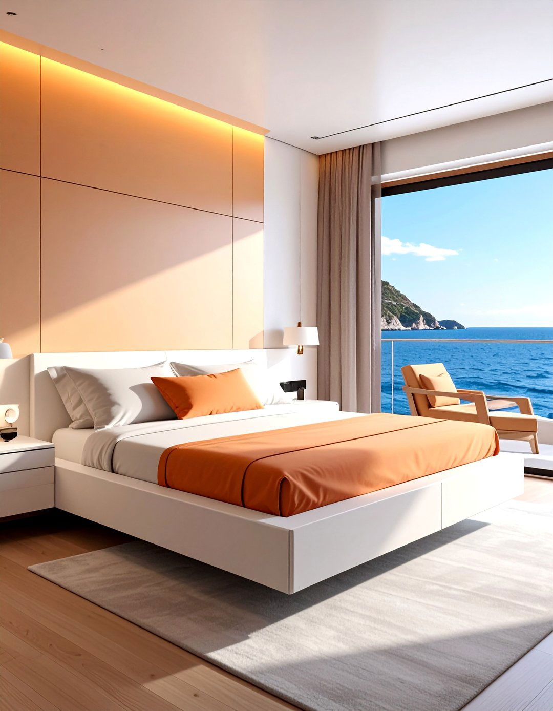 Yacht Bedroom with Minimalist Floating Nightstands - 20 Yacht Bedroom Ideas for a Nautical-Inspired Retreat