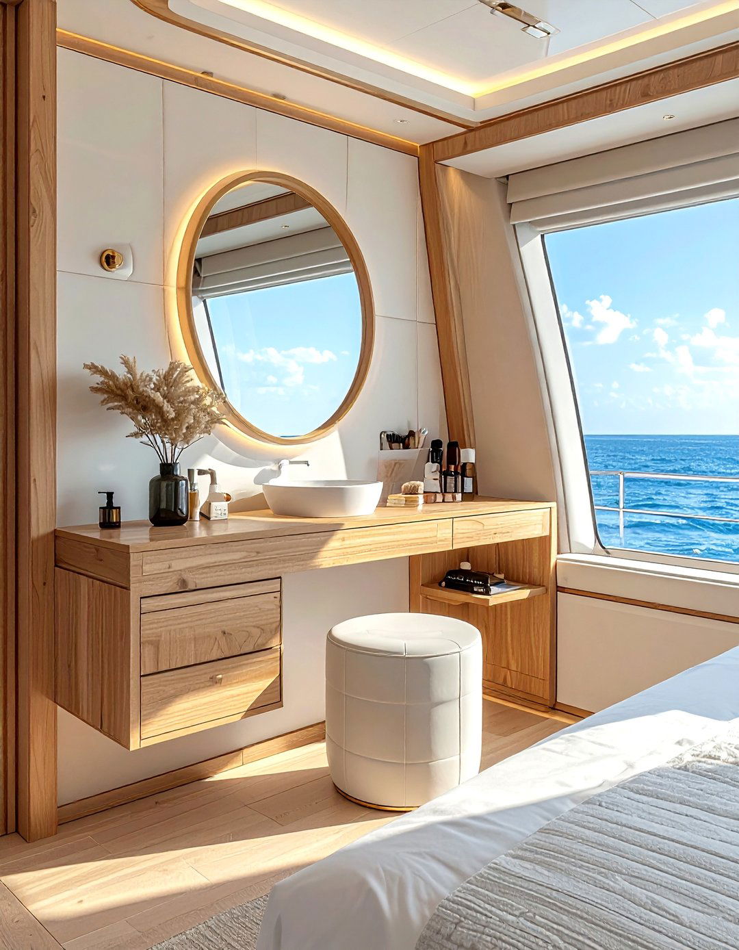 Yacht Bedroom with a Compact Vanity Station - 20 Yacht Bedroom Ideas for a Nautical-Inspired Retreat