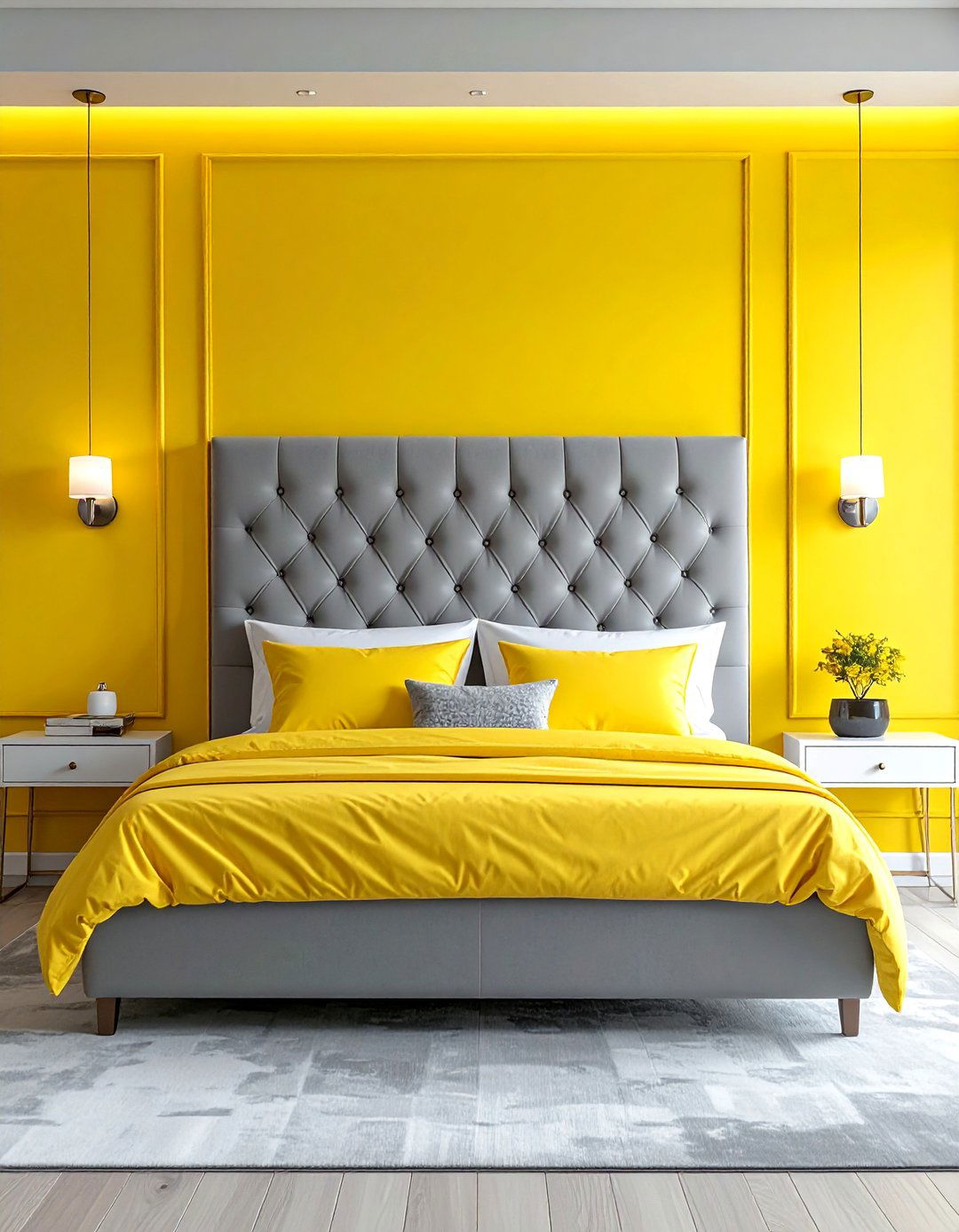 Yellow Accent Wall Behind a Grey Tufted Headboard - 25 Yellow and Grey Bedroom Ideas for Modern Interiors