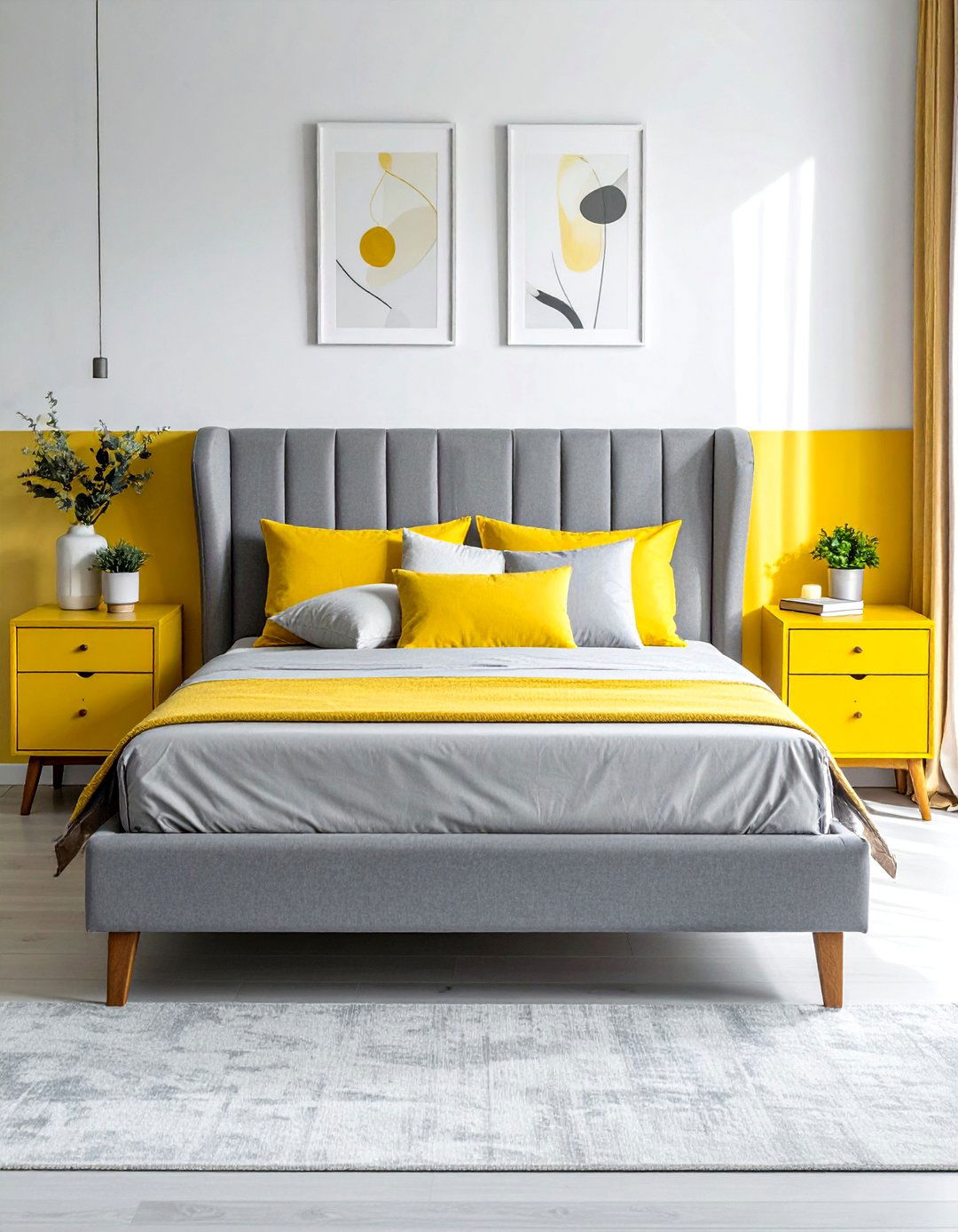 Yellow Bedside Tables Flanking a Simple Grey Bed - 25 Yellow and Grey Bedroom Ideas for Modern Interiors