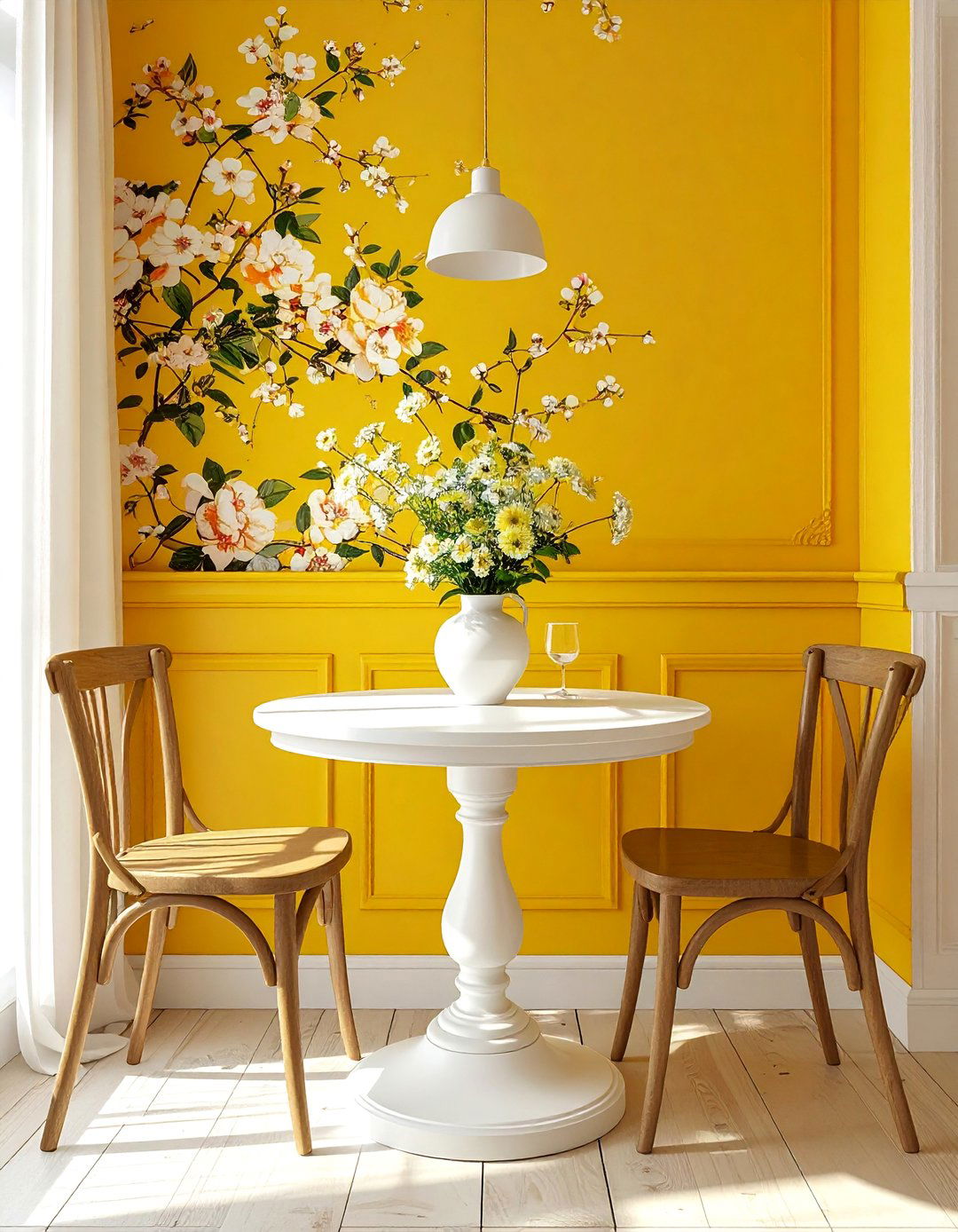 Yellow Floral Wallpaper Dining Room Nook - 20 Yellow Dining Room Ideas for a Bright and Cheerful Space