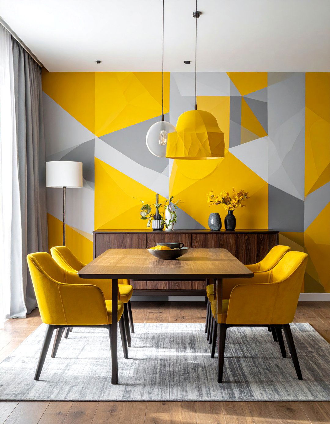 Yellow and Gray Geometric Patterned Wallpaper - 20 Yellow Dining Room Ideas for a Bright and Cheerful Space