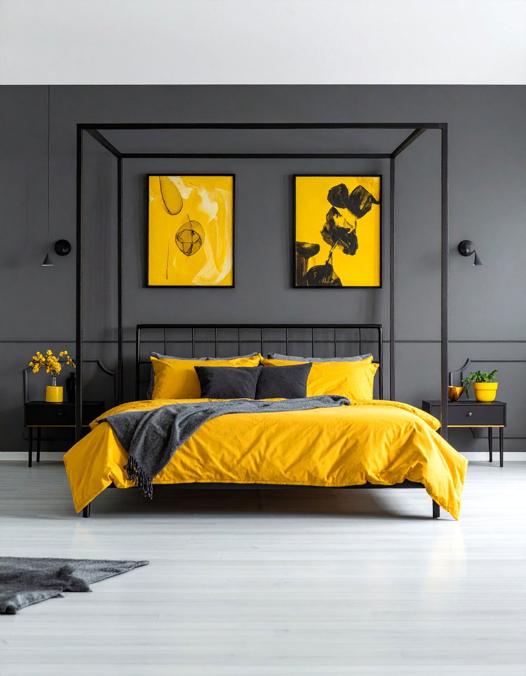 Yellow and Grey Bedroom with Black Metal Accents - 25 Yellow and Grey Bedroom Ideas for Modern Interiors