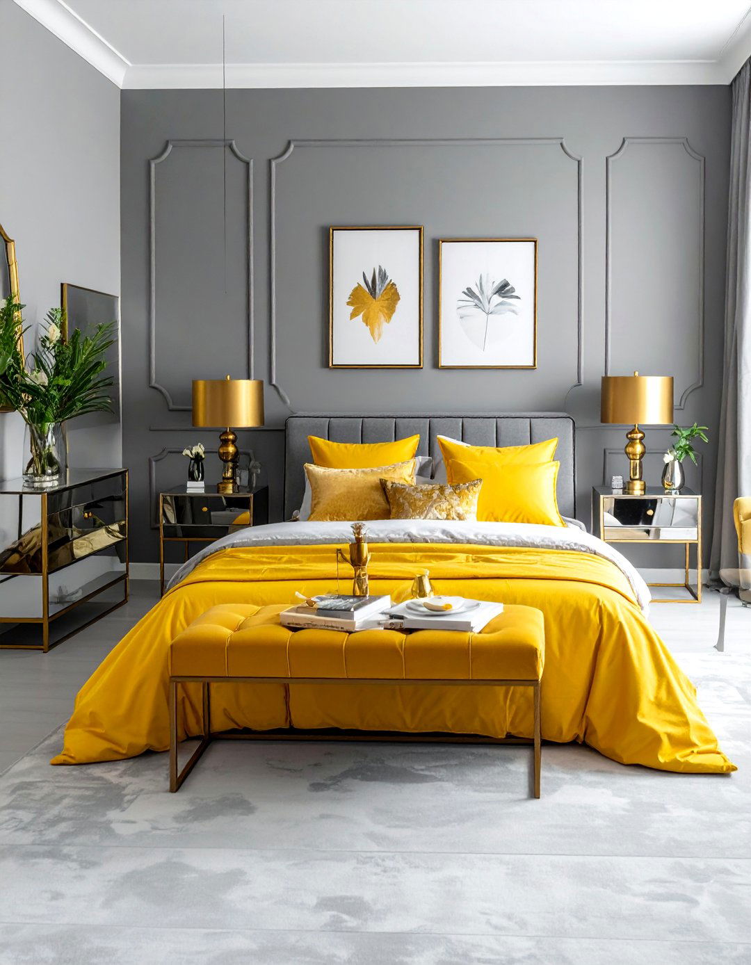 Yellow and Grey Bedroom with Mirrored and Metallic Accents - 25 Yellow and Grey Bedroom Ideas for Modern Interiors