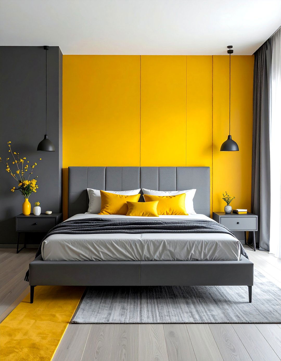 Yellow and Grey Color Blocked Wall Design - 25 Yellow and Grey Bedroom Ideas for Modern Interiors