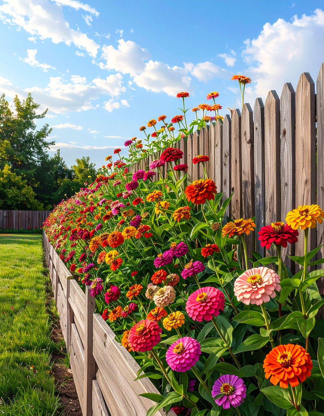 Zinnia Garden Along a Fence Line - 25 Zinnia Garden Ideas for a Colorful Outdoor Space