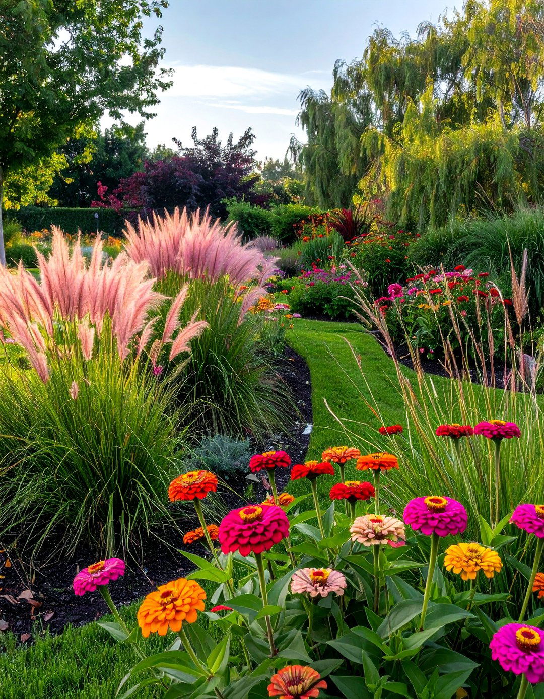Zinnia Garden with Ornamental Grasses - 25 Zinnia Garden Ideas for a Colorful Outdoor Space