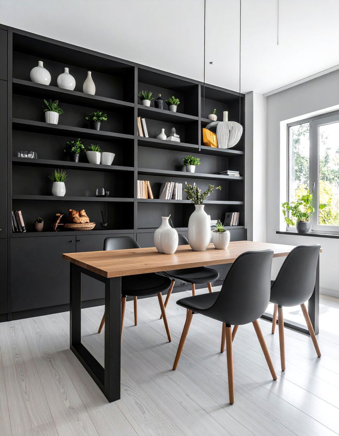 A Black Accent Wall with Built In Shelving - 20 Black Accent Wall Dining Room Ideas for a Bold Statement