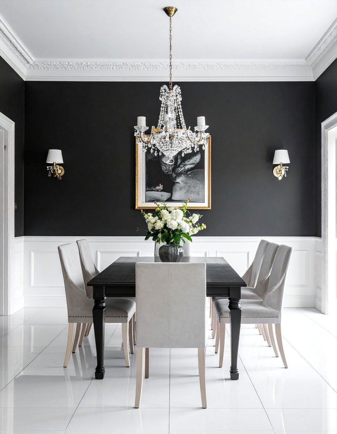A Black Accent Wall with Classic White Wainscoting - 20 Black Accent Wall Dining Room Ideas for a Bold Statement