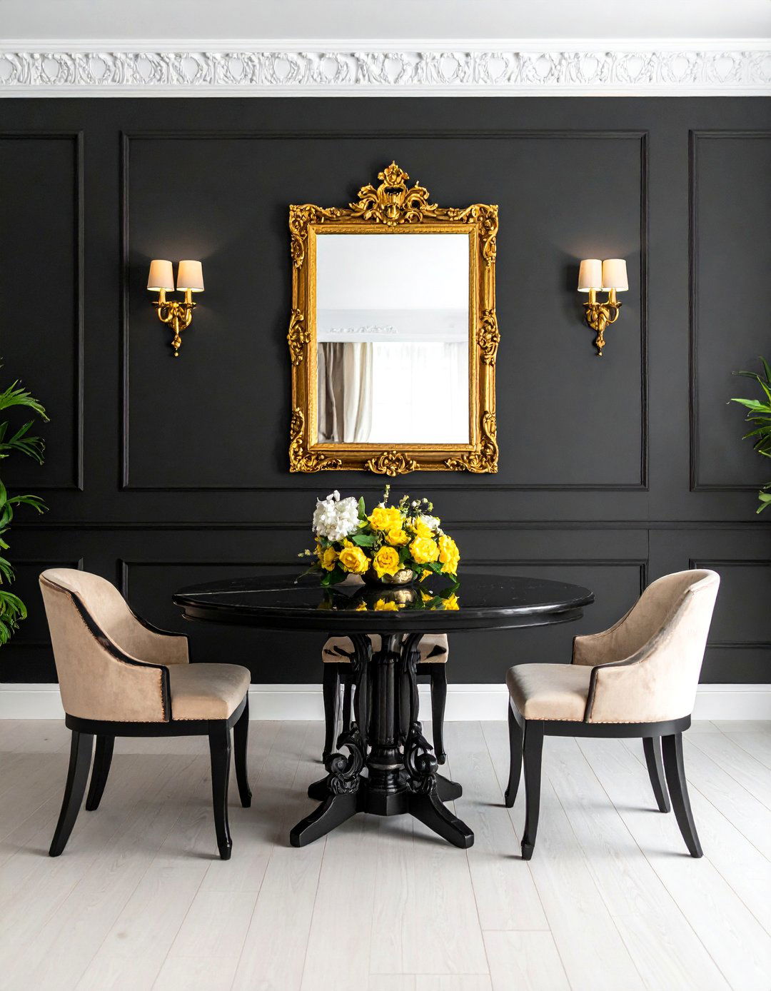 A Black Accent Wall with Gold Accents in a Dining Room - 20 Black Accent Wall Dining Room Ideas for a Bold Statement