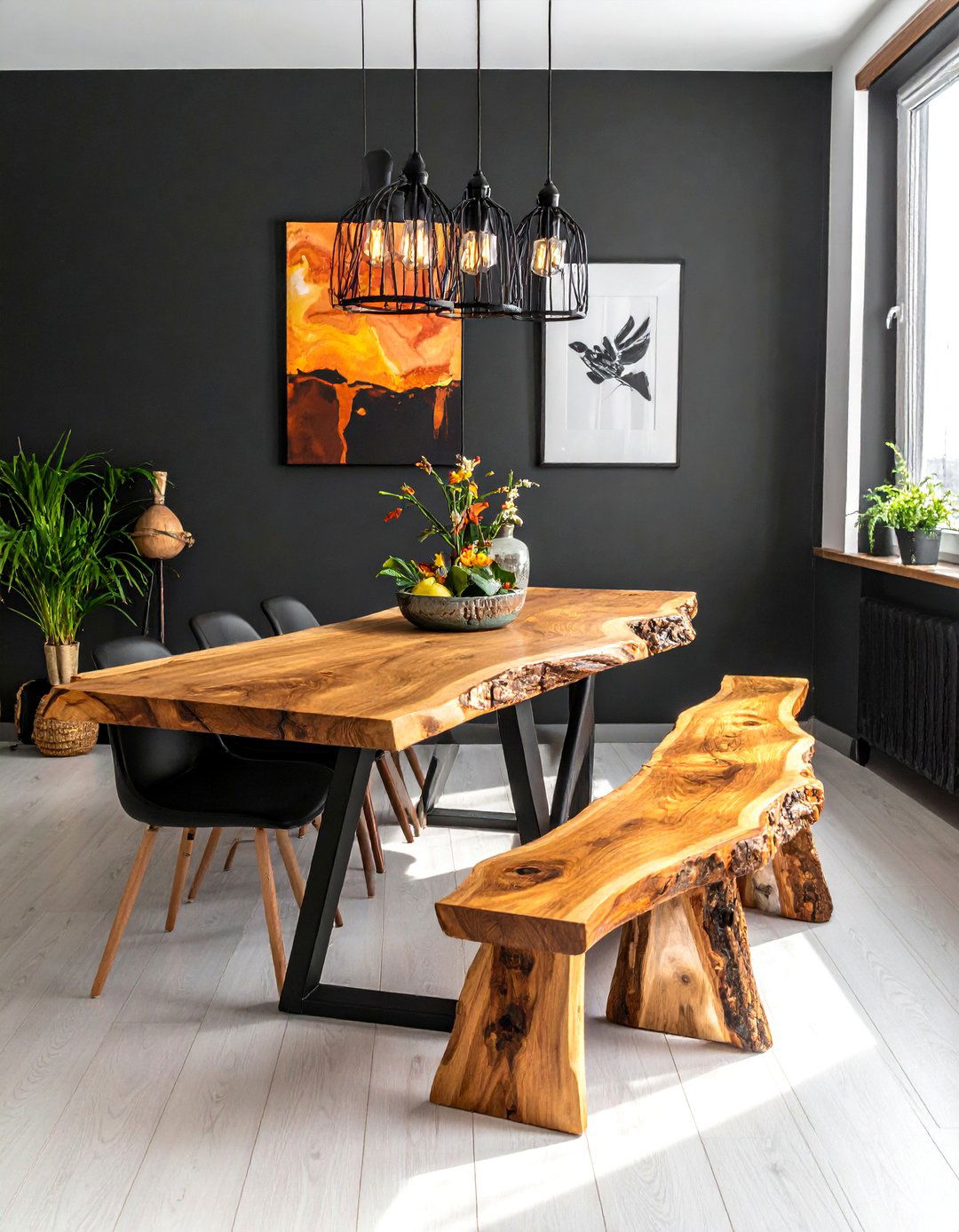 A Black Accent Wall with a Natural Wood Dining Table - 20 Black Accent Wall Dining Room Ideas for a Bold Statement