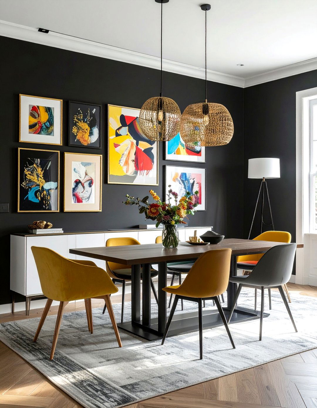 A Black Dining Room Accent Wall with a Gallery of Art - 20 Black Accent Wall Dining Room Ideas for a Bold Statement