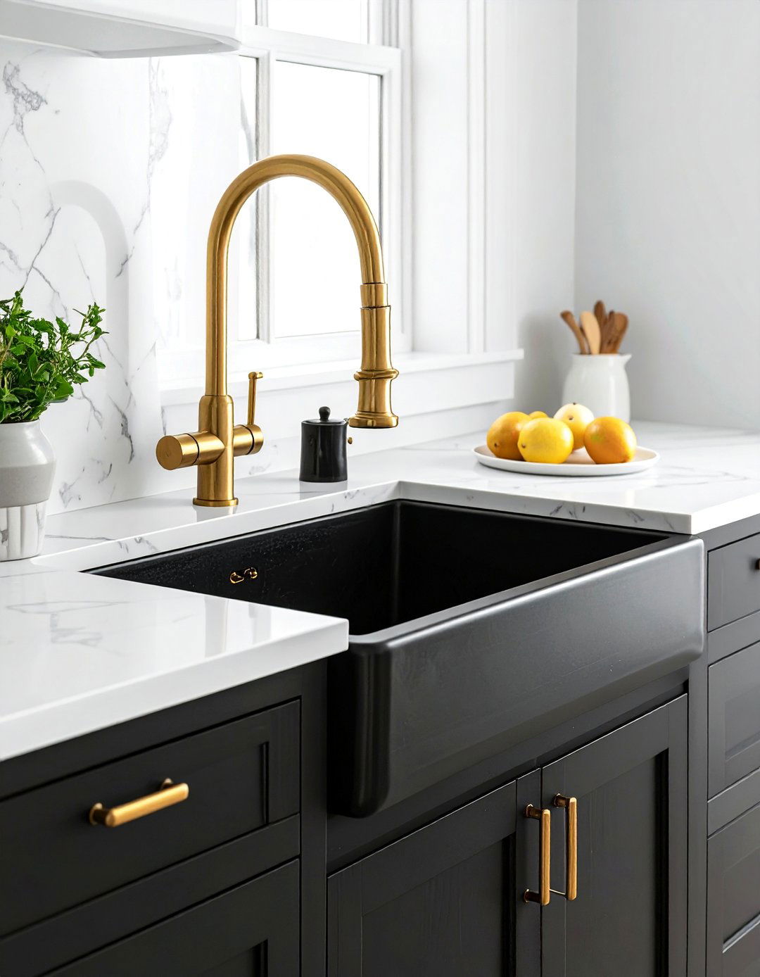 A Black Farmhouse Sink - 25 Black White and Gold Kitchen Ideas for Elegance