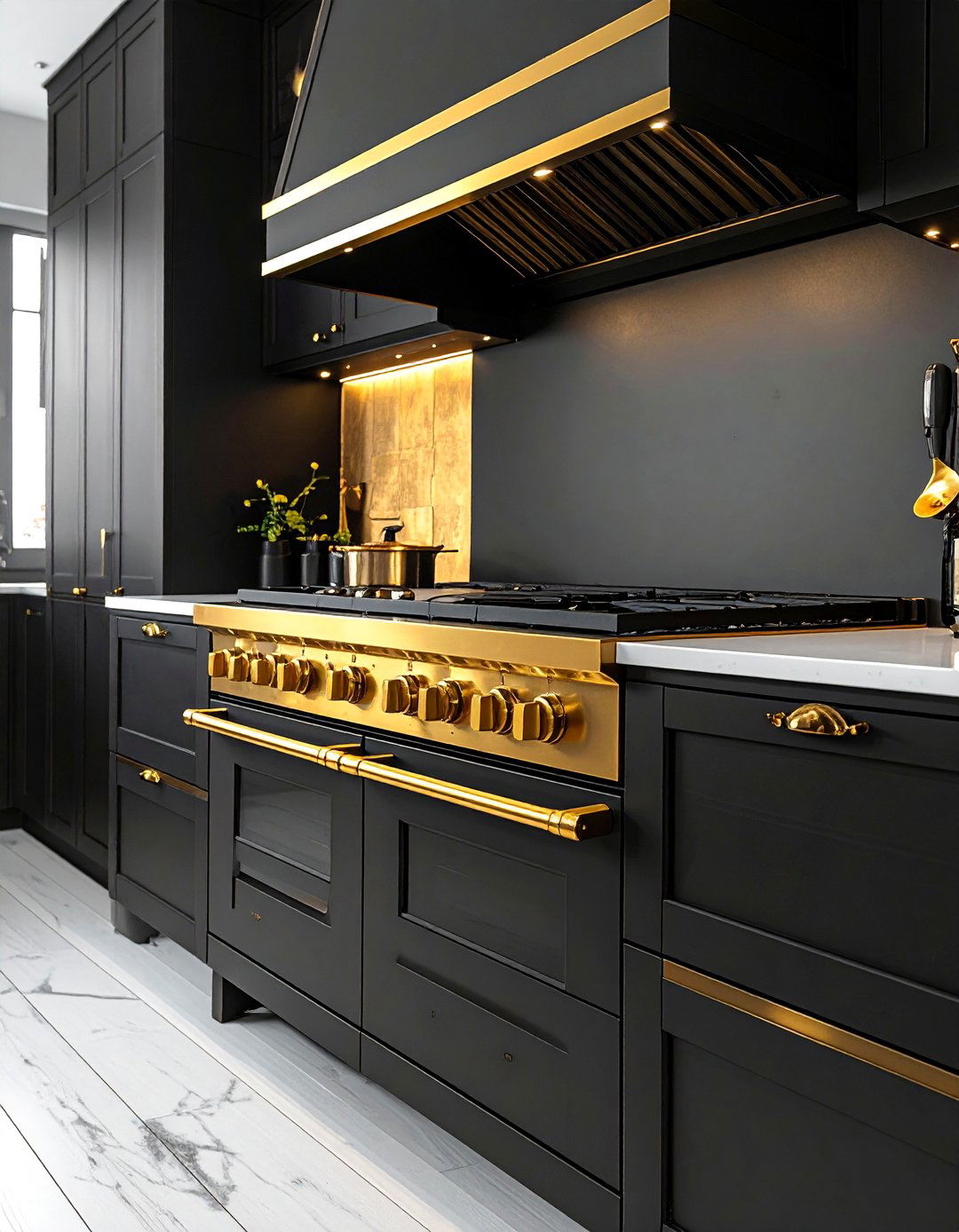 A Black Range with Gold Knobs - 25 Black White and Gold Kitchen Ideas for Elegance