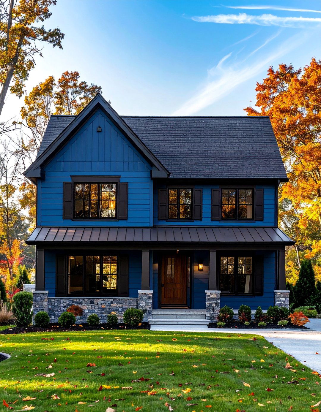 A Blue Exterior With Black Accents and a Brown Roof - 25 Blue Exterior Home With a Brown Roof Ideas