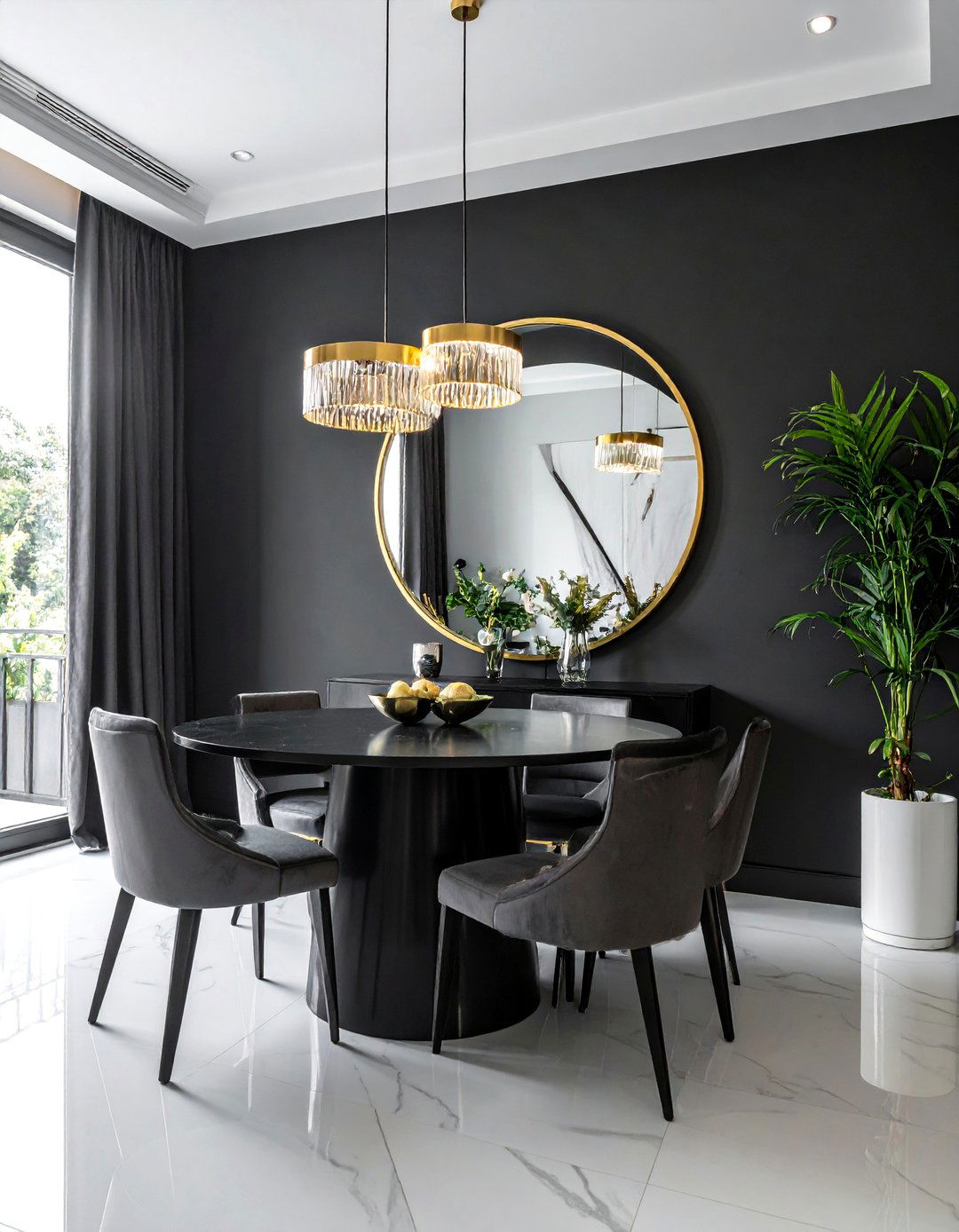 A Dining Room Black Accent Wall with a Large Mirror - 20 Black Accent Wall Dining Room Ideas for a Bold Statement