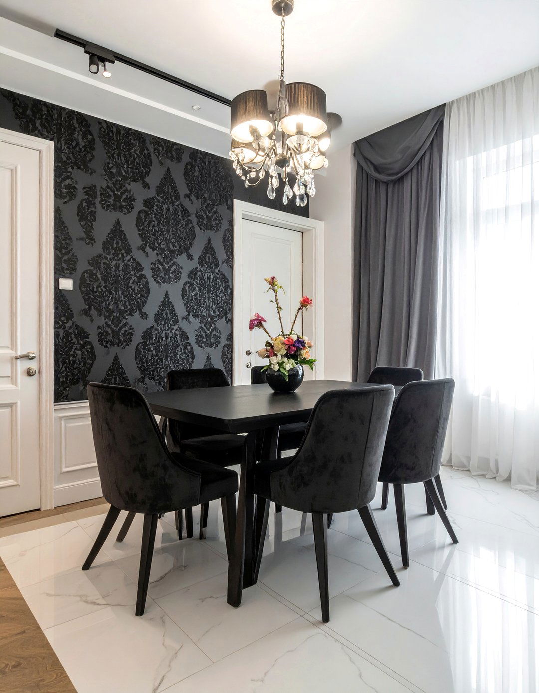 A Dining Room with Black Patterned Wallpaper - 20 Black Accent Wall Dining Room Ideas for a Bold Statement
