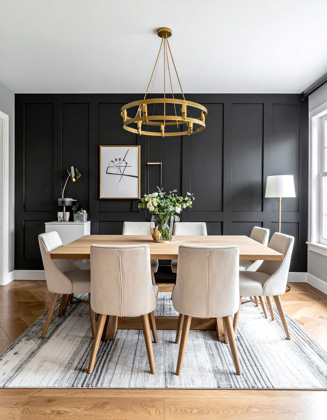 A Dining Room with a Black Board and Batten Accent Wall - 20 Black Accent Wall Dining Room Ideas for a Bold Statement