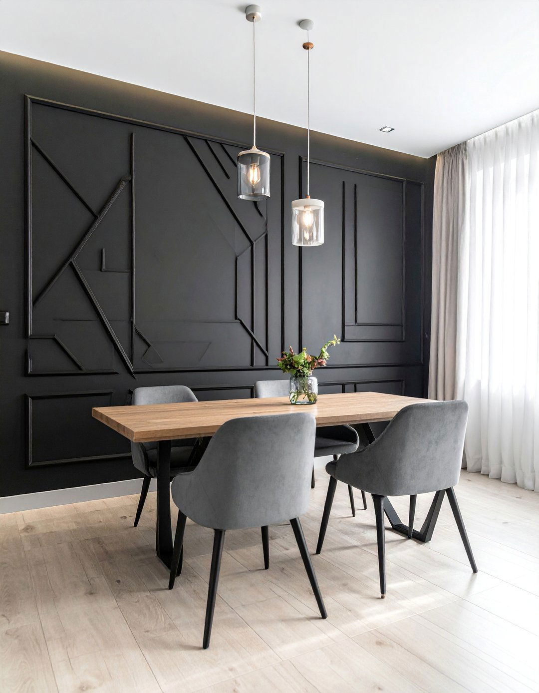 A Dining Room with a Black Geometric Accent Wall - 20 Black Accent Wall Dining Room Ideas for a Bold Statement