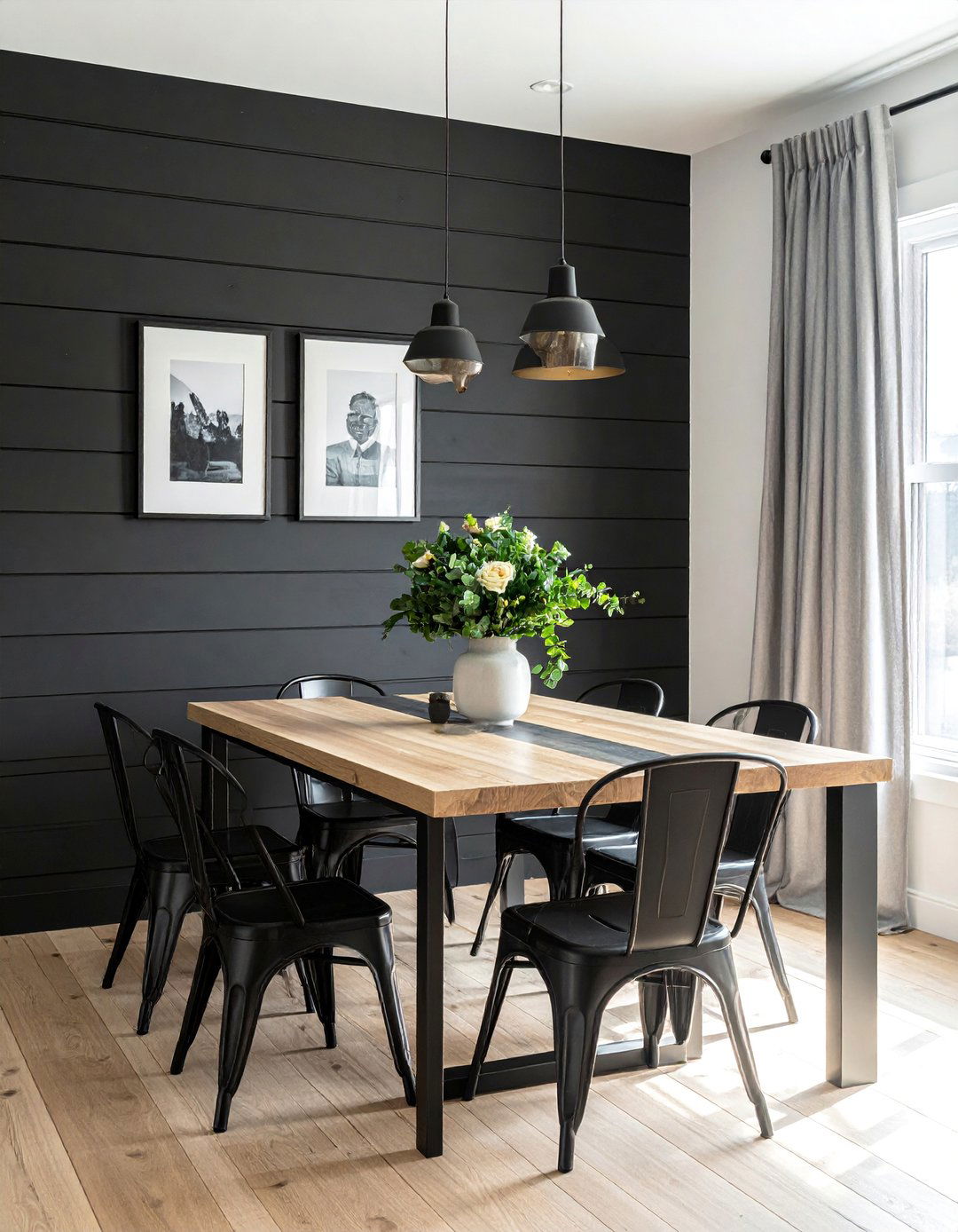 A Dining Room with a Black Shiplap Accent Wall - 20 Black Accent Wall Dining Room Ideas for a Bold Statement