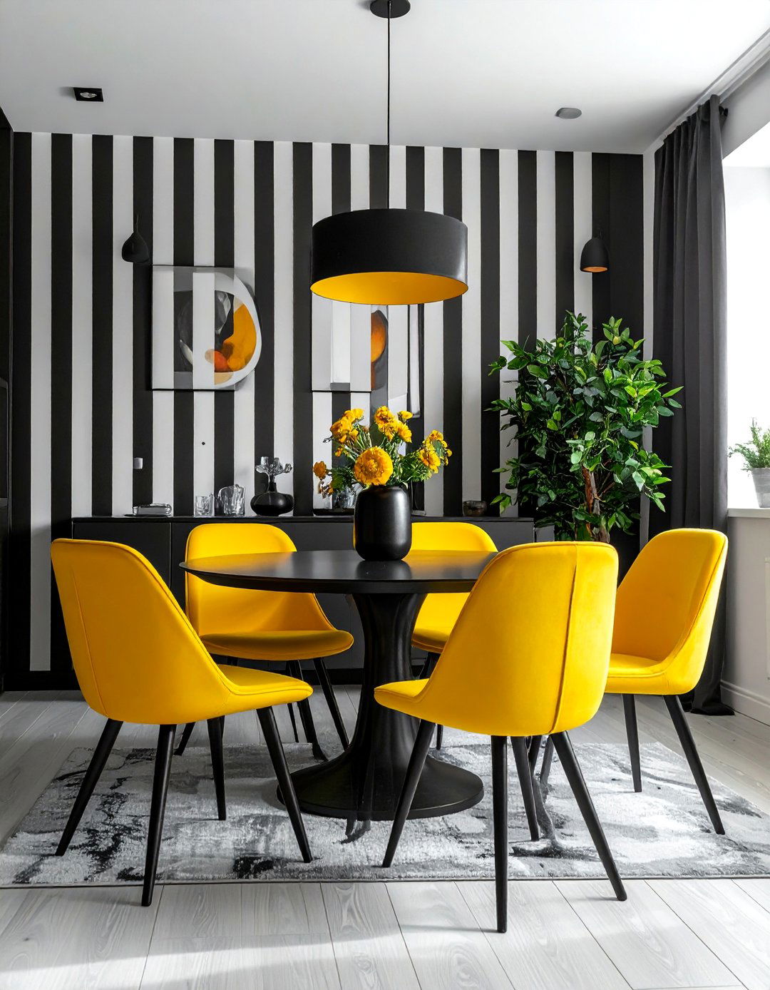 A Dining Room with a Black and White Striped Accent Wall - 20 Black Accent Wall Dining Room Ideas for a Bold Statement