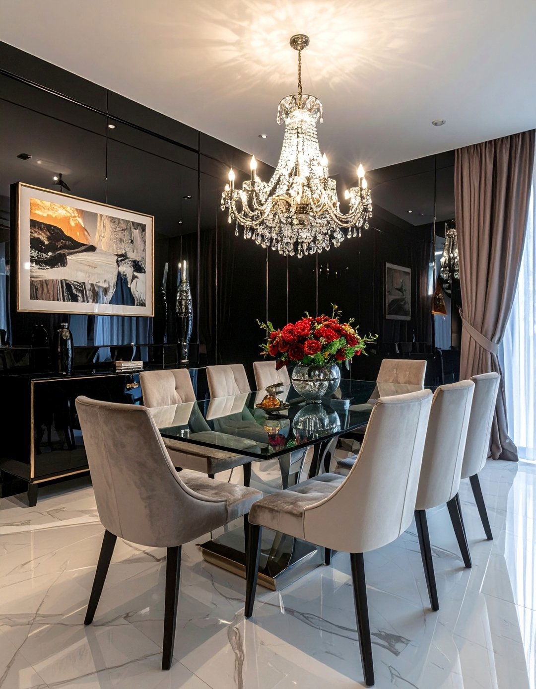 A Dining Room with a High Gloss Black Accent Wall - 20 Black Accent Wall Dining Room Ideas for a Bold Statement