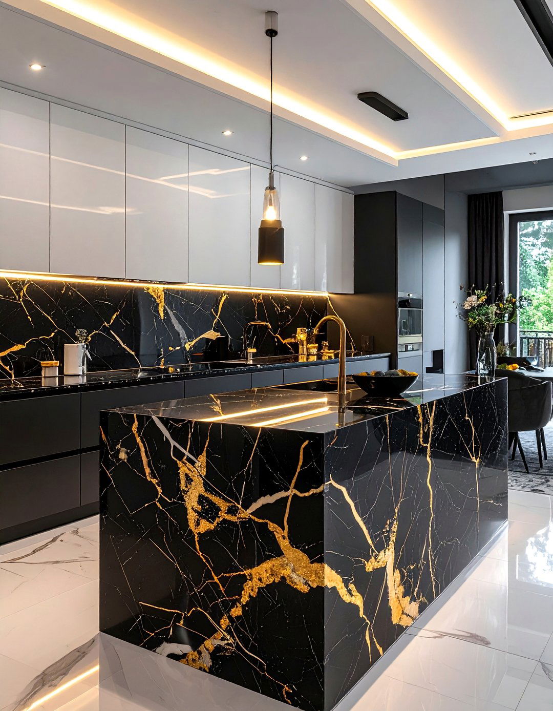 A Dramatic Gold and Black Marble Backsplash - 25 Black White and Gold Kitchen Ideas for Elegance