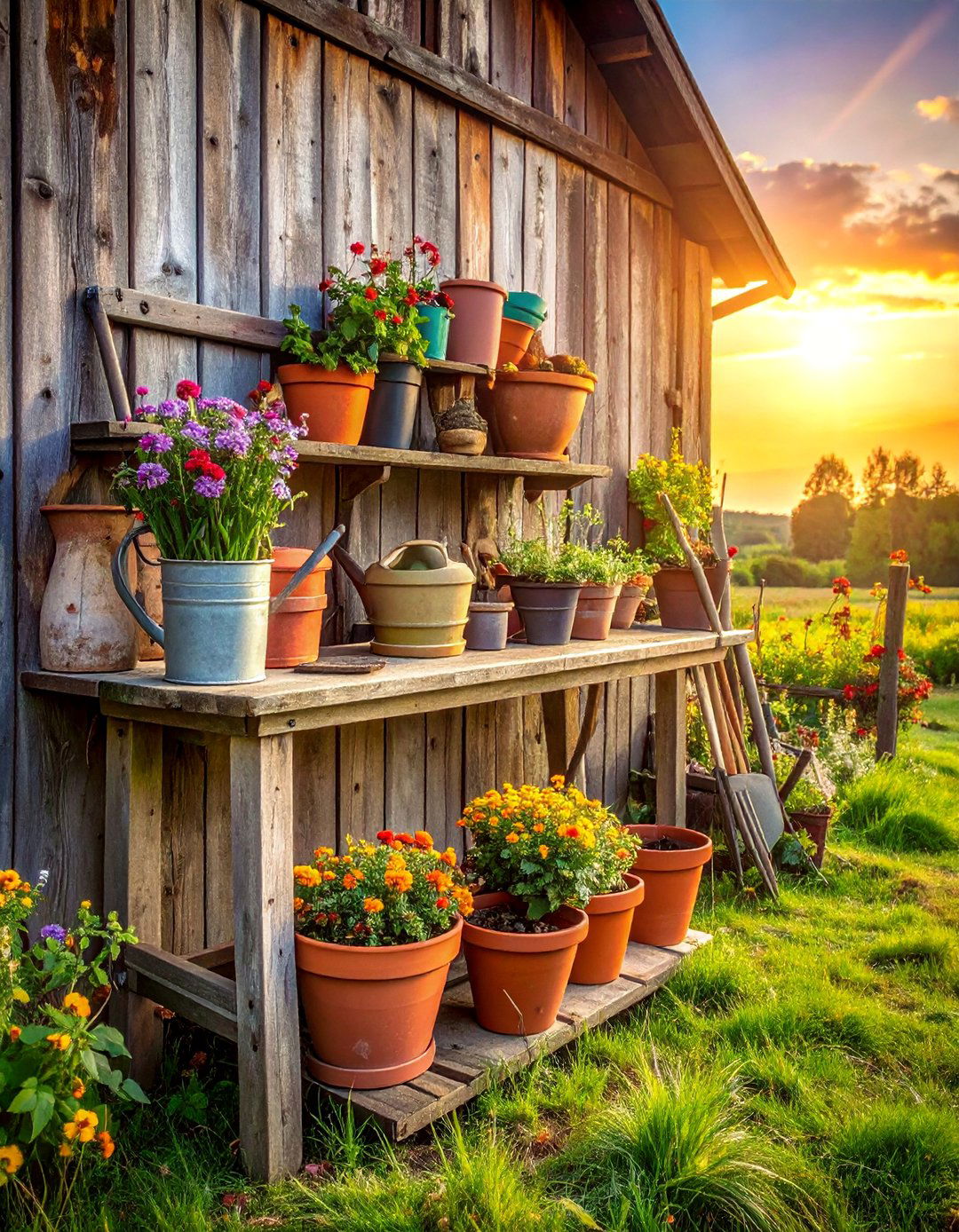 A Farmhouse Garden with a Rustic Potting Bench - 20 Farmhouse Garden Ideas for a Charming Outdoor Space