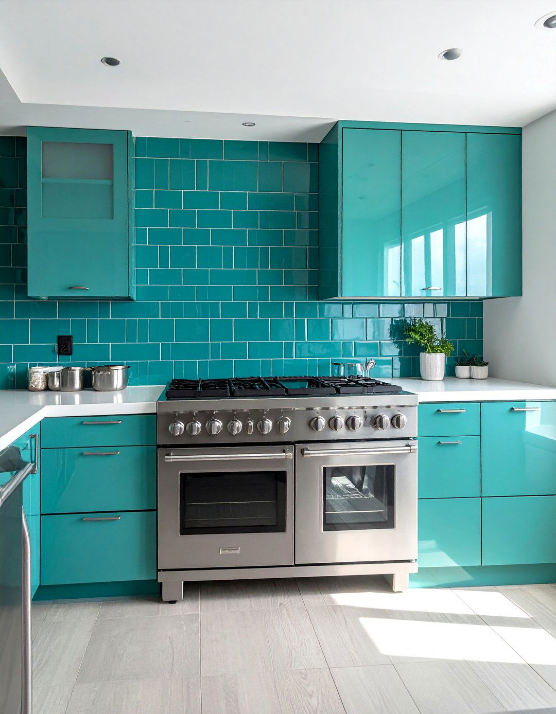 A Glossy Teal Kitchen Backsplash - 20 Teal Kitchen Ideas for a Bold and Vibrant Space