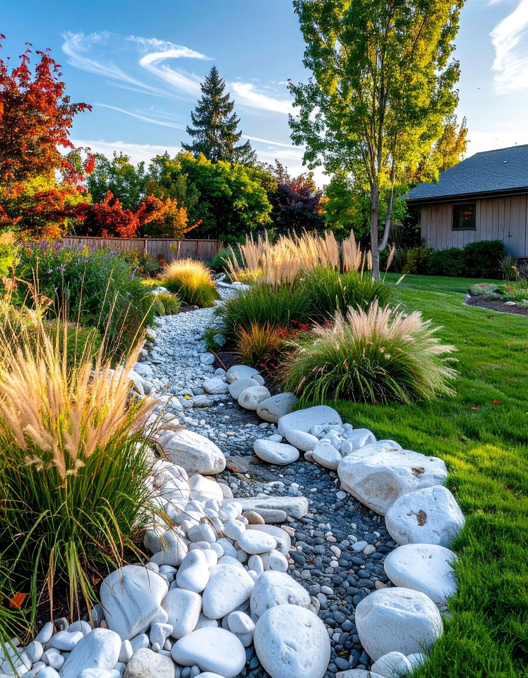 A Naturalistic White Rock Dry Creek Bed - 25 White Rock Landscaping Ideas for a Serene Yard