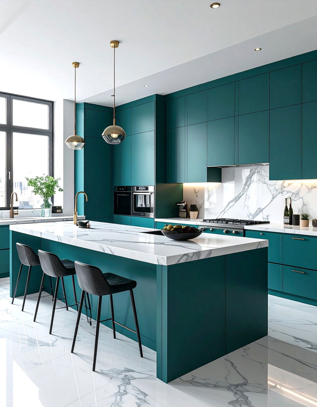 A Teal Kitchen with Marble Countertops and Backsplash - 20 Teal Kitchen Ideas for a Bold and Vibrant Space