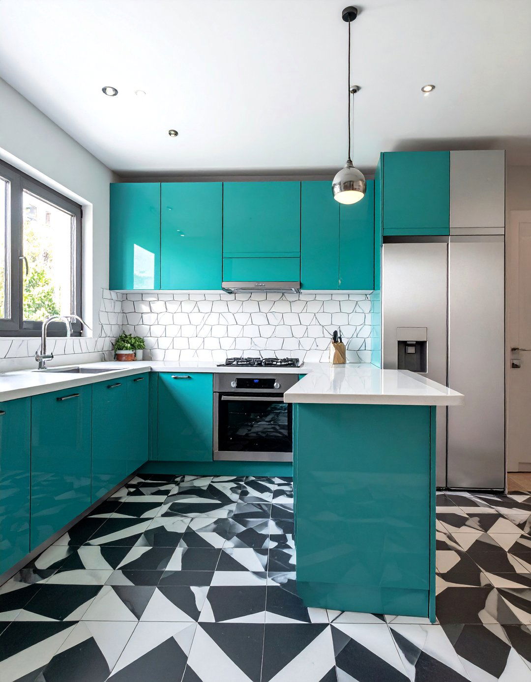 A Teal Kitchen with Patterned Floor Tiles - 20 Teal Kitchen Ideas for a Bold and Vibrant Space